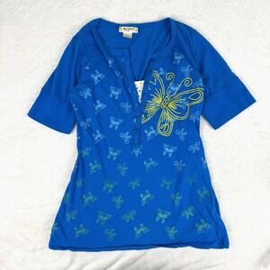 Self Esteem Y2K Blue Butterfly Henley Top Short Sleeve Layered Look Size Large